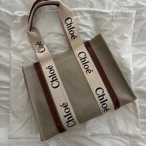 Chloé medium leather and webbing-trimmed linen tote